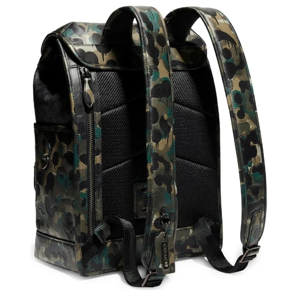 Coach League Flap Backpack In Signature Canvas Charcoal With Camo Print NWT